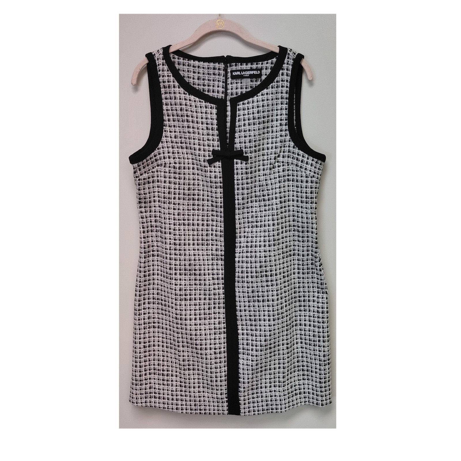Karl Lagerfeld Paris Black/White Check Tweed Shift Dress Sleeveless Zip Bow 12