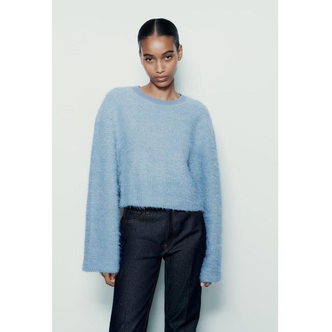 ZARA Fuzzy Knit Sweater Blue Long Bell Sleeves Cropped Top Women'sLarge NWT