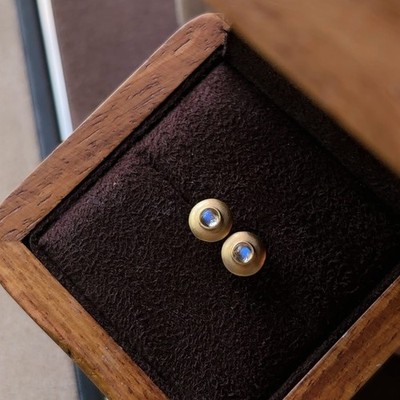 18K Gold Moonstone Stud Earrings   Celestial Blue Glow, Cosmic Mystique