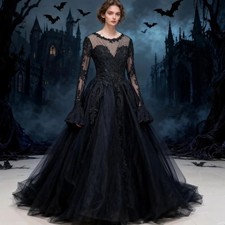 Gothic Black Wedding Dress O-Neck Long Sleeves Lace Applique Vintage Bride Gowns