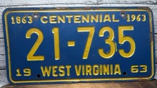 1963 West Virginia WV Centennial 1863-1963 License Plate Tag 21-735 Blue Yellow