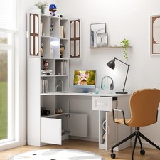 L-Shaped Corner Computer Desk with Bookshelf, Drawers & Storage Cabinets