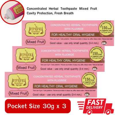 3x Tepthai Herbal Toothpaste Mixed Fruit Concentrated Cavity Protection 30g Thai
