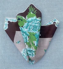 Vintage Dark Brown Blue Floral Handkerchief / Pocket Square Hand Rolled 15"
