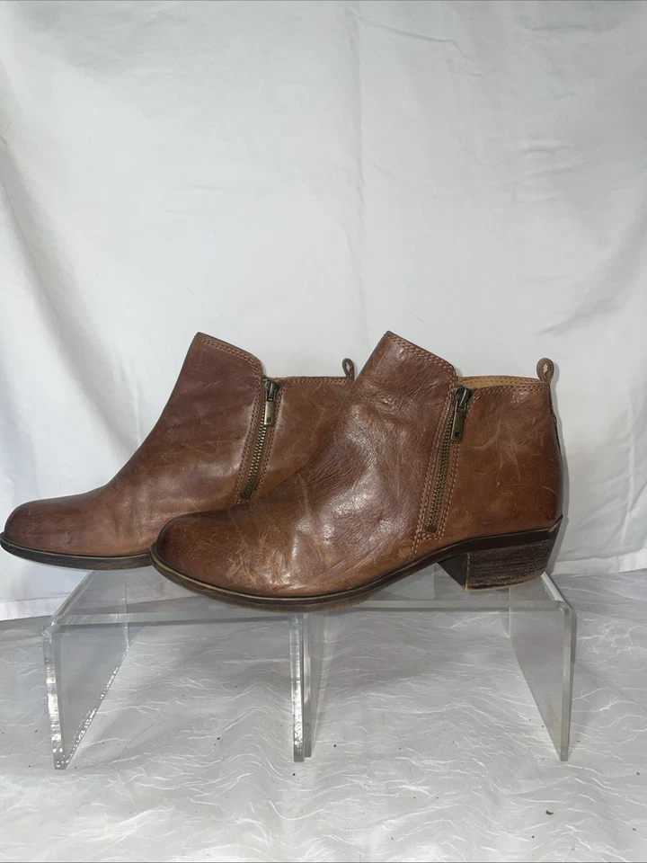 Lucky Brand Basel Tan Leather Ankle Bootie Size 9 Zip Low Heel Boho City EUC - Image 2 of 4