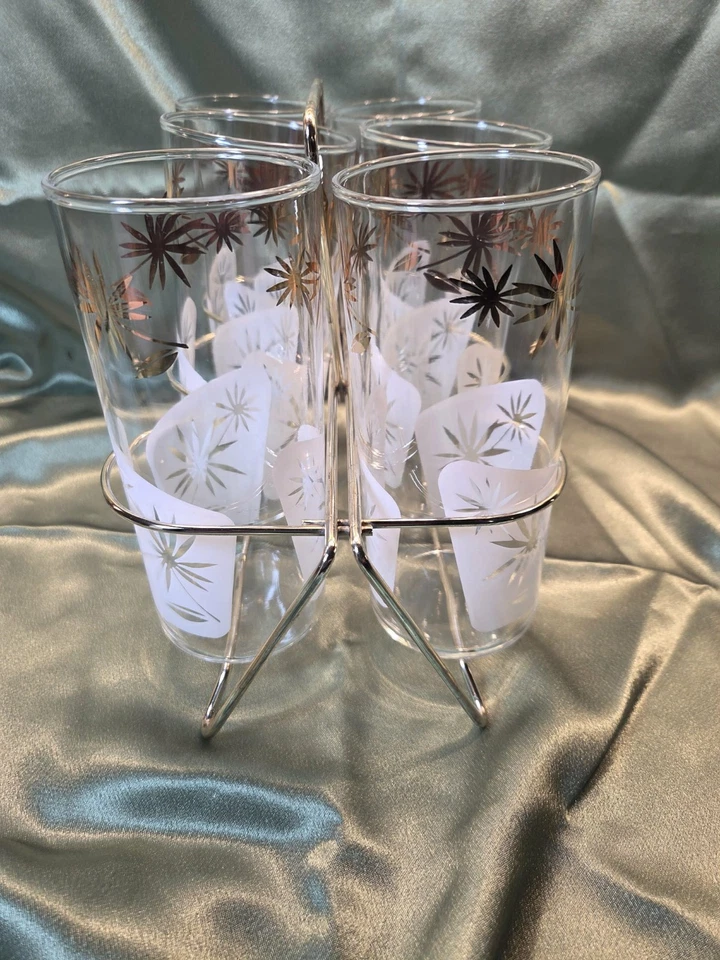 MCM Bartlett-Collins Capri Tumblers w/ Caddy.  Atomic Starburst Pattern Set of 6 - Image 3 of 4