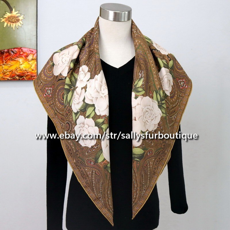 Sallys Twill Silk ~18 Momme~ Wrap Scarf Camellia Print Double Face Shawl 35