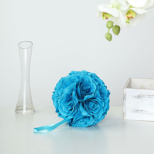 2 TURQUOISE 7" Silk Roses Flowers Kissing Balls Wedding Events Centerpieces - Picture 2 of 8