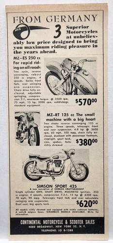 1959 Germany MZ-ES 250cc MZ-RT 125cc Simpson Sport 425 Motorcycle Print Ad