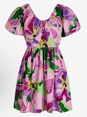#ad NWT Express Cotton Floral V Neck Puff Sleeve Poplin Mini Dress Prairie Romantic $44.88