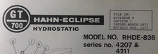 Hahn Eclipse Hydrostatic GT-700 Lawn Garden Tractor Parts Manual RHDE-836 4207