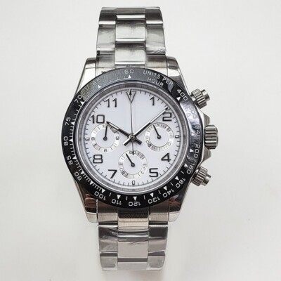 NEW 39mm Sapphire Glass VK63 Chronograph Quartz Watch White Dial