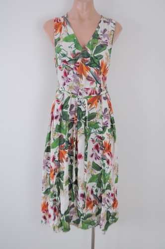 Piper Dress Womens 12 White Green Orange Floral Sleeveless V neck belted
