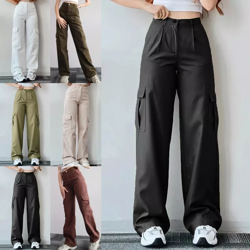 Women Cargo Pants High Waist Palazzo Pant Ladies Sport Casual Wide Leg  Trousers