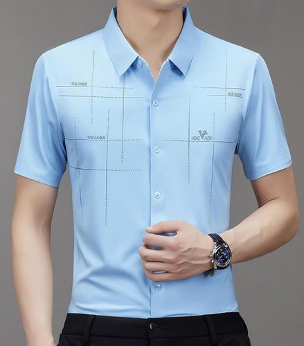 Mens Anti-Wrinkle Ice Silk Quick-Drying Short Sleeve Stretch Fashion Work Shirt - Imagen 24 de 33