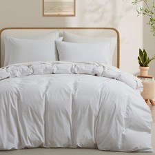 LOVQUE 100 Washed Cotton Duvet Cover Twin Size, Linen-Like Textured White Fa...