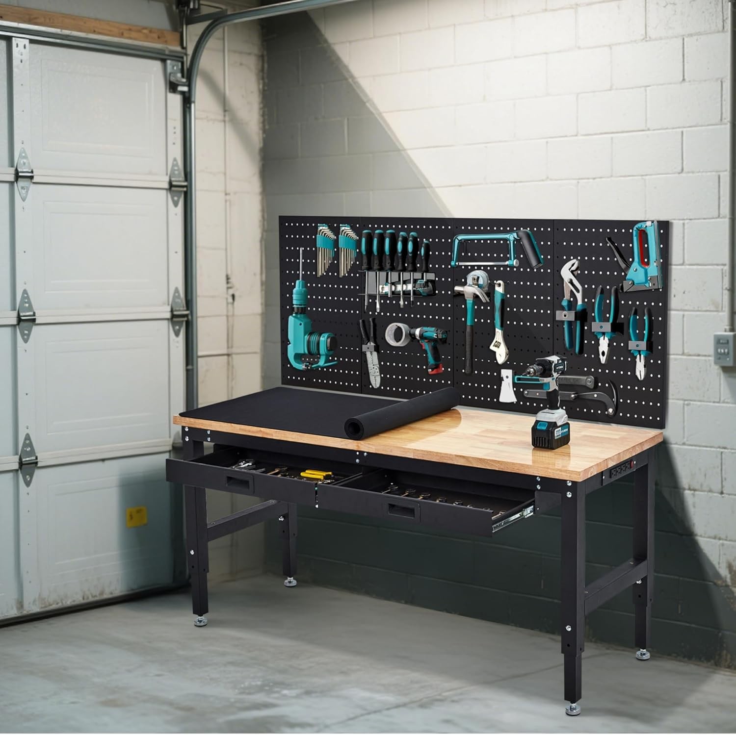 60 Inch Heavy-Duty Adjustable Workbench with Pegboard & Power Outlets Work Table