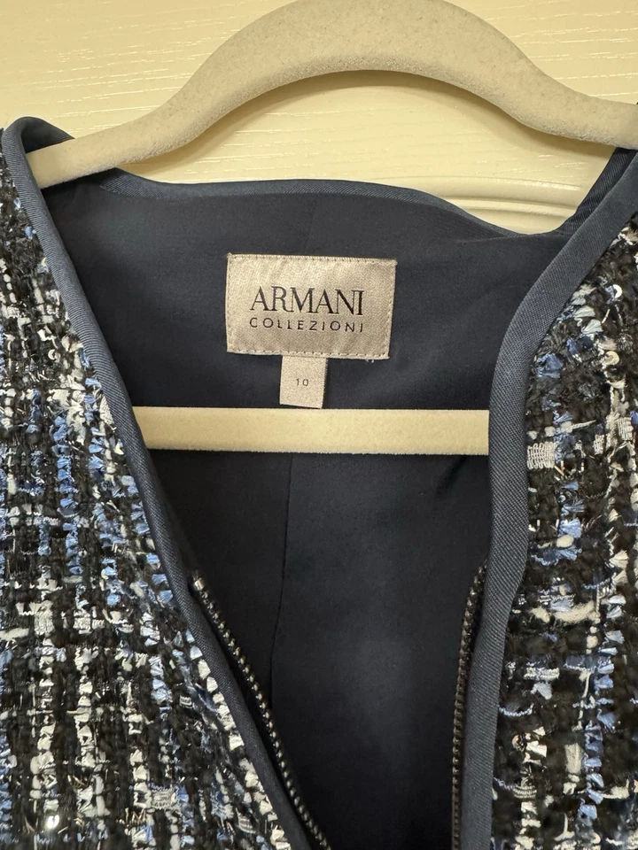 Chaqueta de tweed para mujer Armani Collezioni, talla 10, azul y negro Foto 2 de 3