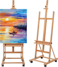 H-Frame Studio Easel, Beechwood Artist Easel with Wheels and Storage Tray, Adjus