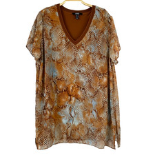 Dennis Basso Snakeskin Blouse Top Women 16 Brown Lagenlook Animal Print Chiffon