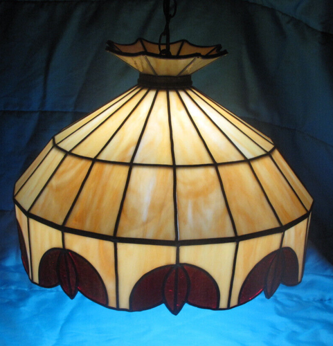 VTG Leaded Slag Stained Glass Hanging Ceiling Light Swag Lamp/Red Flowers