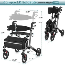 Aluminum 4 Wheels Rollator Walker Seat Backrest Lightweight Foldable Silver