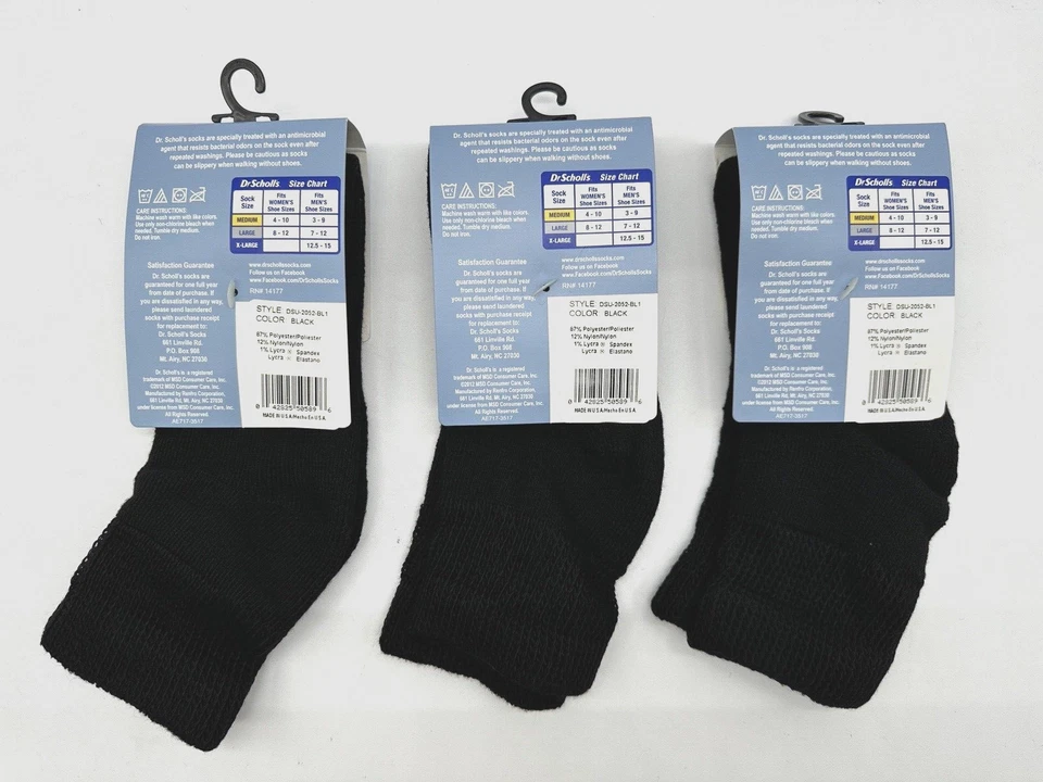 NOVO 3 PARES DE MEIAS CIRCULATÓRIAS PARA TORNOZELO DIABETES DR SCHOLL'S FEITAS NOS EUA PRETO GRANDE - Imagem 2 de 3