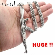 MENDEL Mens 30 Inch Stainless Steel Huge Large AK 47 Gun Pendant Necklace Chain