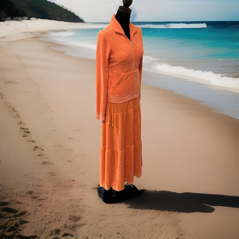 Juicy Couture M Top S Orange Maxi Dress French Terry Tracksuit Set Y2K Luxury - Image 3 of 4