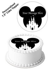 PERSONALISED Cake Topper Minnie Mickey Mouse Silhouette Edible Icing 7-8" Circle