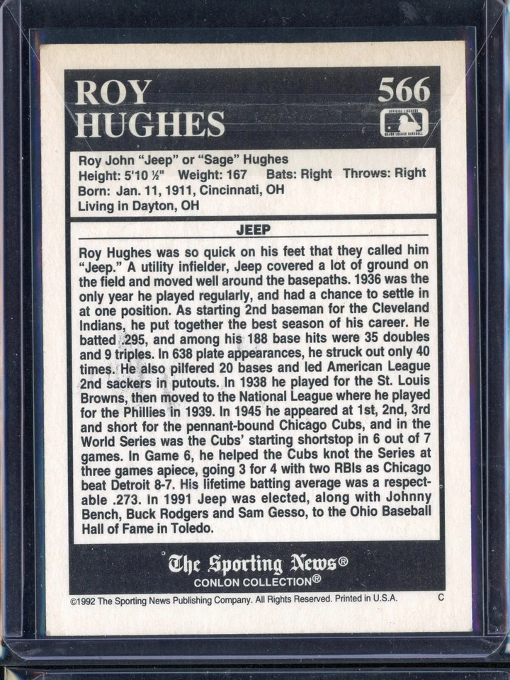 Roy "Jeep" Hughes signed 1992 The Sporting News Conlon Collection #566- Indians - Image 2 of 2