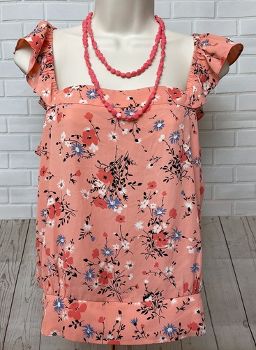 OASIS 12/M Vgc Coral Orange Floral Frill Sleeveless Cami Vest Shell Top