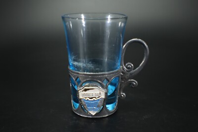 HOVER DAM Shot Glass Blue Glass in Metal Holder Zarf 2-Piece  Souvenir