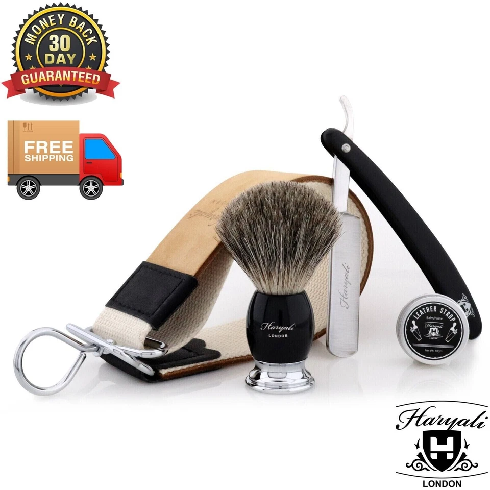 Mens Shaving Gift Set Barber Cut Throat Razor Badger Shaving Brush Leather Strop