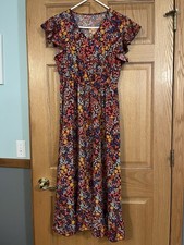 SHEIN Multicolor Floral Ruffle Midi Dress Short Flutter Sleeve V-Neck Pullover L