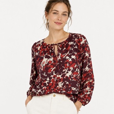 J CREW Poppy Print Blouse Size LARGE Red Pullover Long Sleeve Tie Sheer Floral**