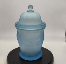 Vintage Blue Satin Glass Covered Apothecary Jar on Pedestal with Hand-Painted Floral Decoration — listing 5