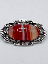 Antique Edwardian Victorian Oval Banded Agate Sterling Collar Pin Brooch C-Clasp