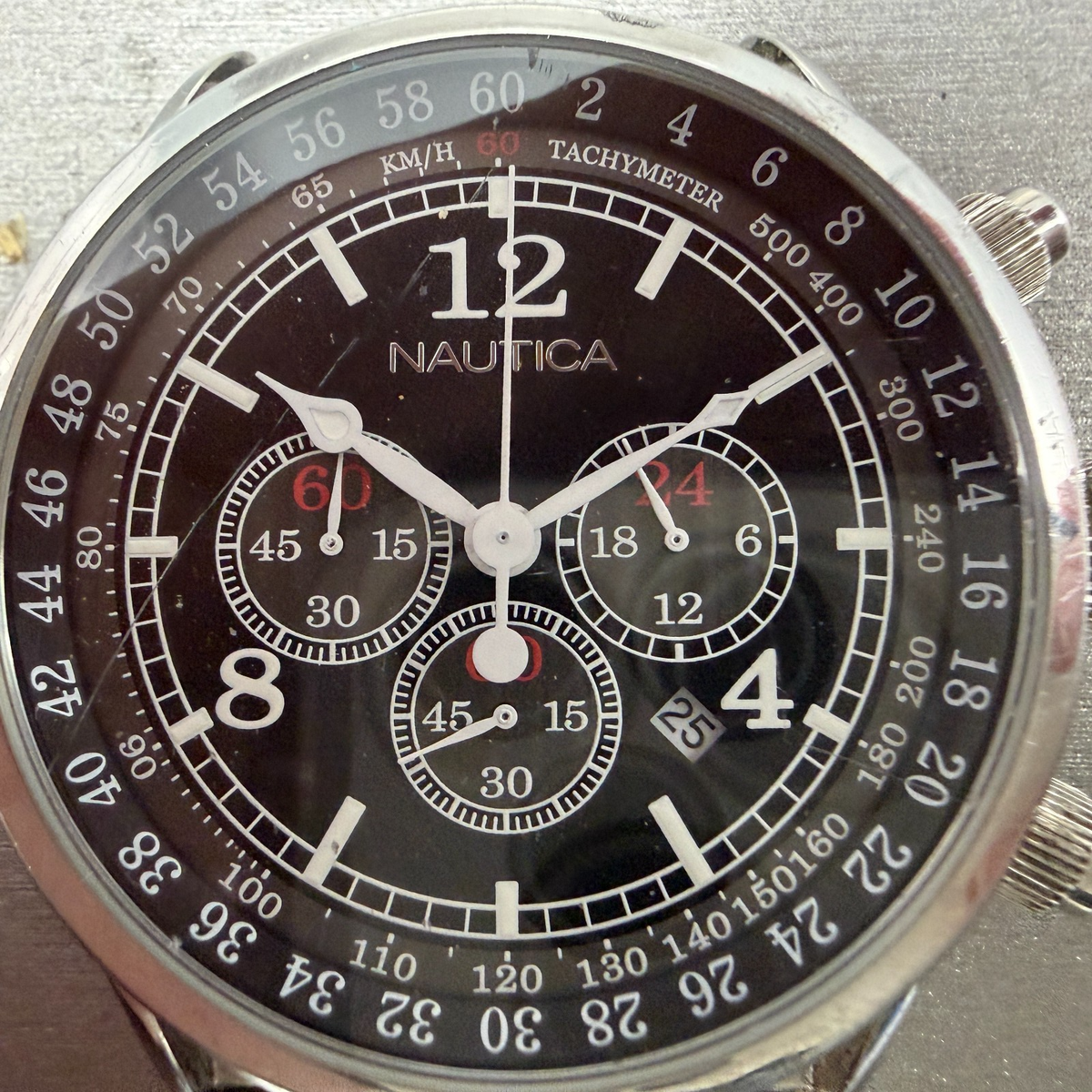 Nautica NSR-01 Chronograph Watch Men 44mm Black Dial Steel Date 