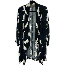 BEL KAZAN ANTHROPOLOGIE Womens Graphic Black Blue White Duster Kimono Coverup M