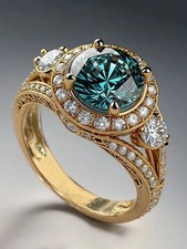 Yellow Gold Ring With Teal CZ Center And Diamond Accents Size 6 7 8 9 10