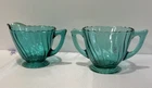 Vintage Jeanette Ultramarine Blue Green Swirl Glass Creamer and Sugar Bowl Set