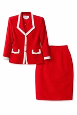Vintage Oleg Cassini Red Skirt Suit Women’s Size 10 White Trim Blazer Pencil 2PC