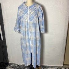 Miss Elaine Vintage Plaid Duster Robe Long Sleeve Blue Seersucker Loungewear