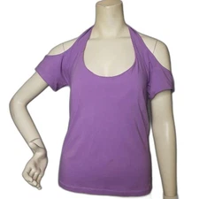 Moda International Shirt Womens XL Purple Cold Shoulder Halter Top Built In Bra