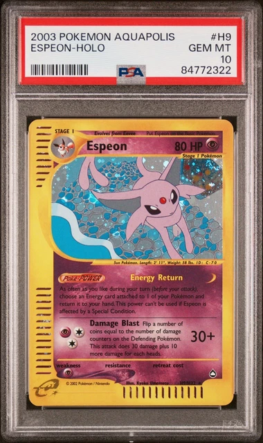 Pokemon 2003 Espeon Aquapolis Holo #H9 PSA 10 Gem Mint Swirl 🐈‍⬛ 💎 - POP 105
