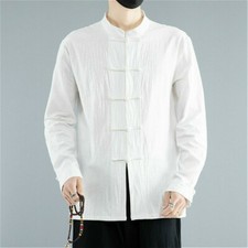 Men Cotton Linen Shirt Casual Long Sleeve Top Mandarin Collar Frog Button