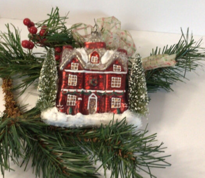Ragon House Red Mercury Glass Christmas Georgian Mansion Ornament with Trees