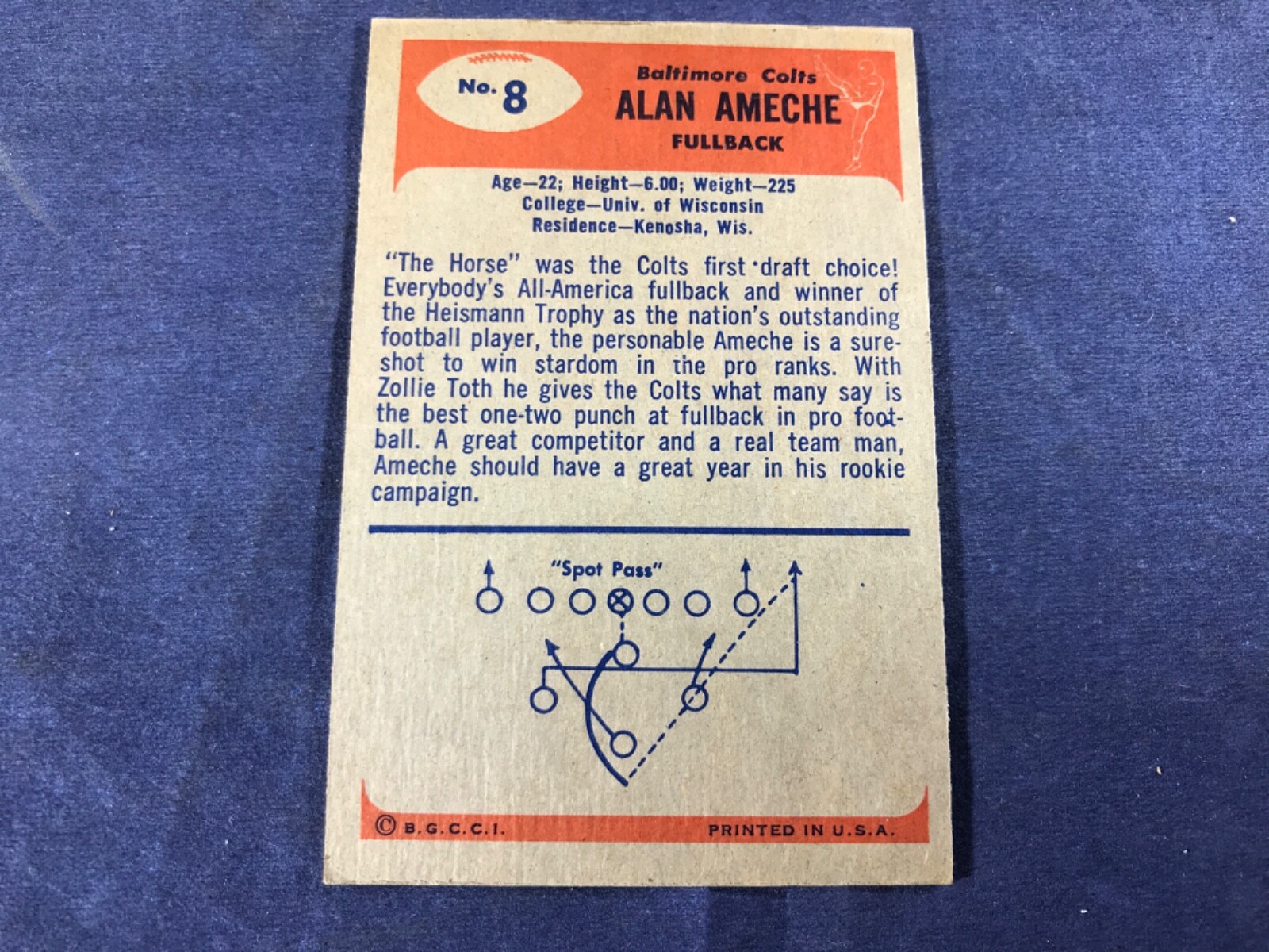 Y324 FOOTBALL CARD ALAN AMECHE BALTIMORE COLTS 1955 BOWMAN CARD