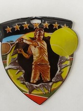 Colorful Male Tennis medal, shield shape 3" x 2.5" diameter, ribbon, & engraving